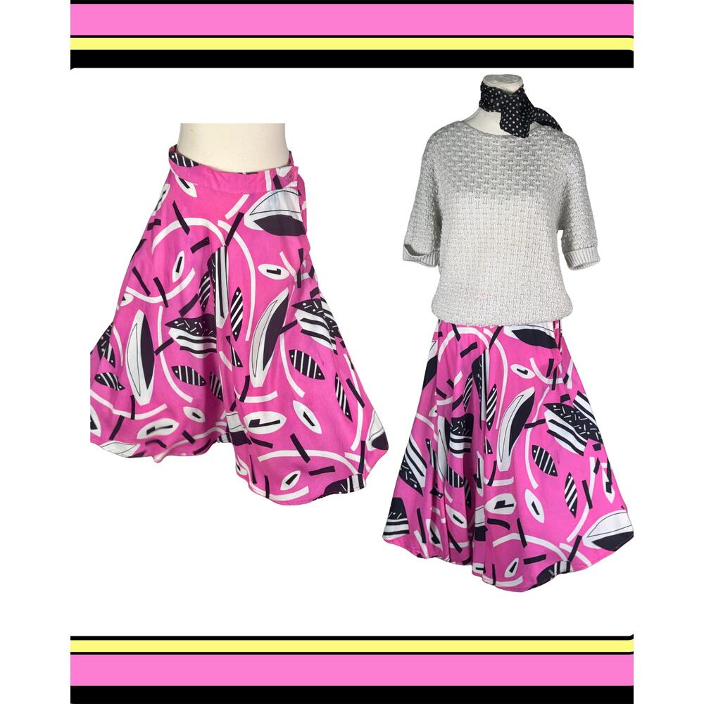 s Josephine Chaus Fuschia Black White Leaf Pattern Circle Skirt L